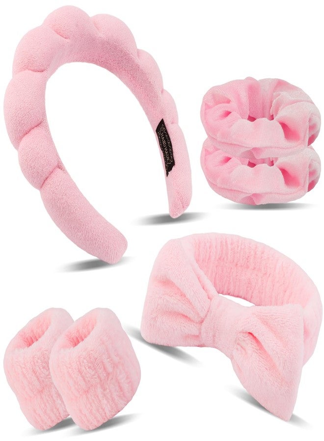 SuPoo 6pcs Pink Spa Headband and Wristband Set - Makeup Sponge Headband, Puffy Skincare Headbands, Cute Wrist Towels with Hair Ties - Teen Girl Gifts, Trendy Stuff - Image 1