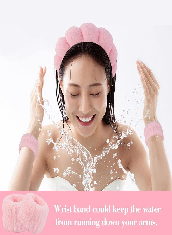 SuPoo 6pcs Pink Spa Headband and Wristband Set - Makeup Sponge Headband, Puffy Skincare Headbands, Cute Wrist Towels with Hair Ties - Teen Girl Gifts, Trendy Stuff - Image 5