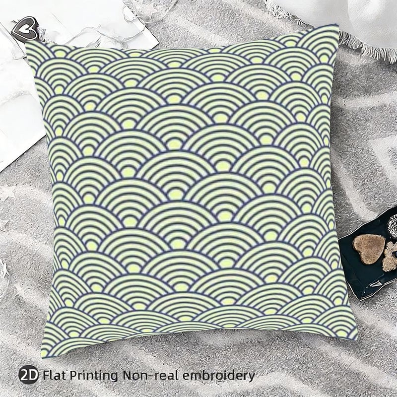 1pc Yellow Green Wave Print Pillow 18x18in Japanese Decor Cushion - Image 1