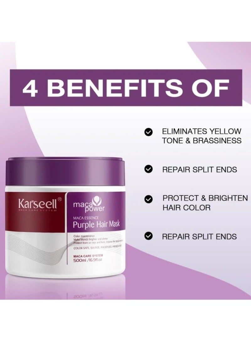 Karseell Maca Power Purple Hair Mask For Blonde, Bleached & Color-Treated Hair - Anti-Brassiness & Hydrating Treatment - 500ml - Image 3