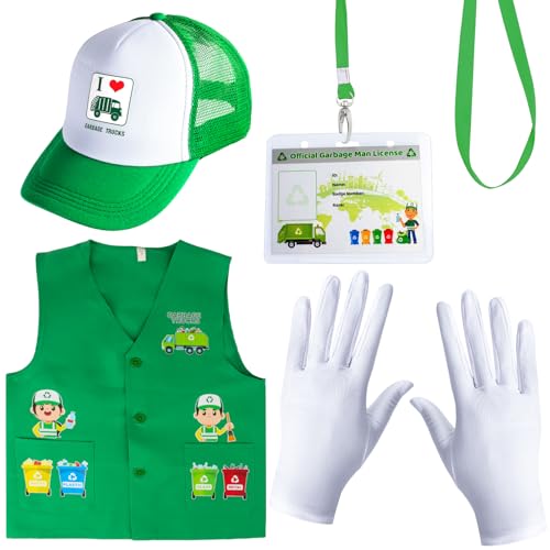 Yewong Kids Waste Management Garbage Truck Costume Accessories Recycle Trash Vest Tucker Hat Gloves ID Card for Career Day - Image 1
