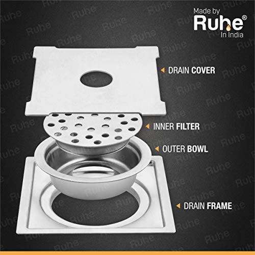 Ruhe® Diamond Floor Drain/Jali | 304 Grade Stainless Steel Diamond Floor Drain/Jali Square with Trap (with Hole) Set of 2 (6 x 6 inches) - Image 4