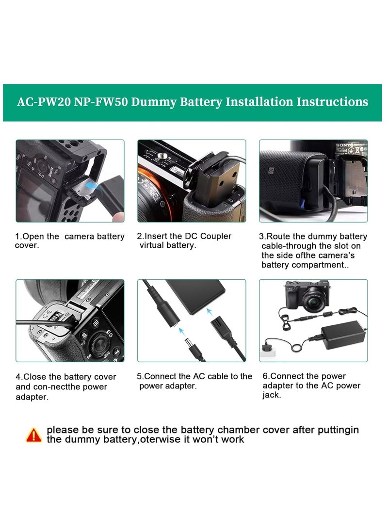 TIGER AC-PW20 AC Power Adapter NP-FW50 Dummy Battery Kit for Sony Alpha Cameras ZV-E10, A7, A7R, A7S, A6500, A6400, A6300, A6000, A5100, RX10 II, III, IV, NEX-3, NEX-5, NEX-7 – Continuous Power Supply for Photography & Videography - Image 4