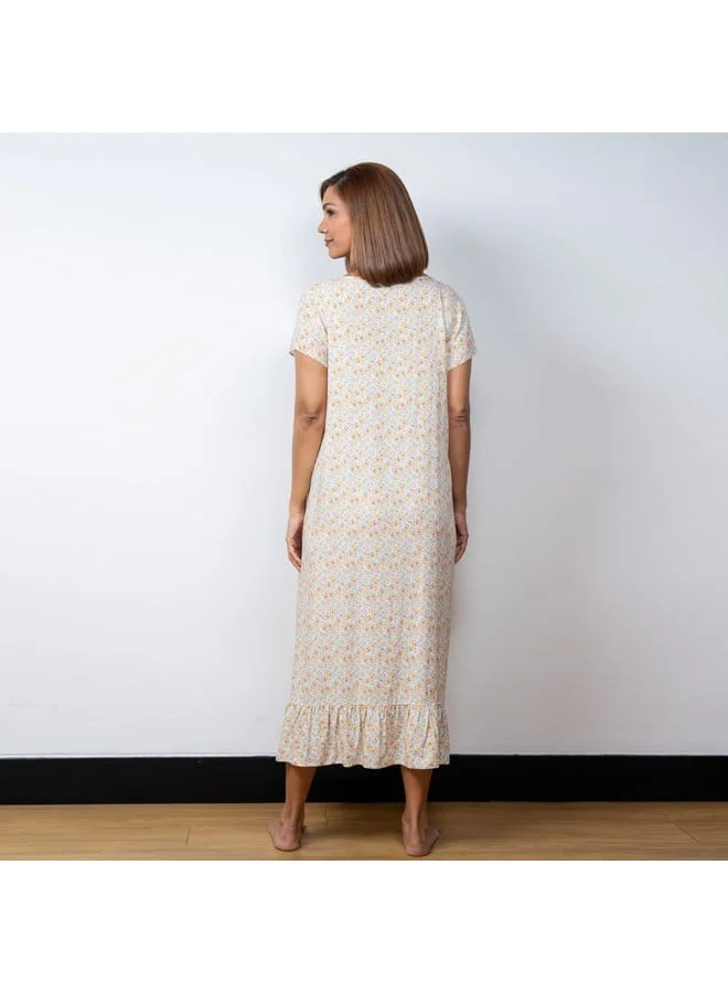 Aadaraya Aadaraya Floral Print Night Gown with Short Sleeves