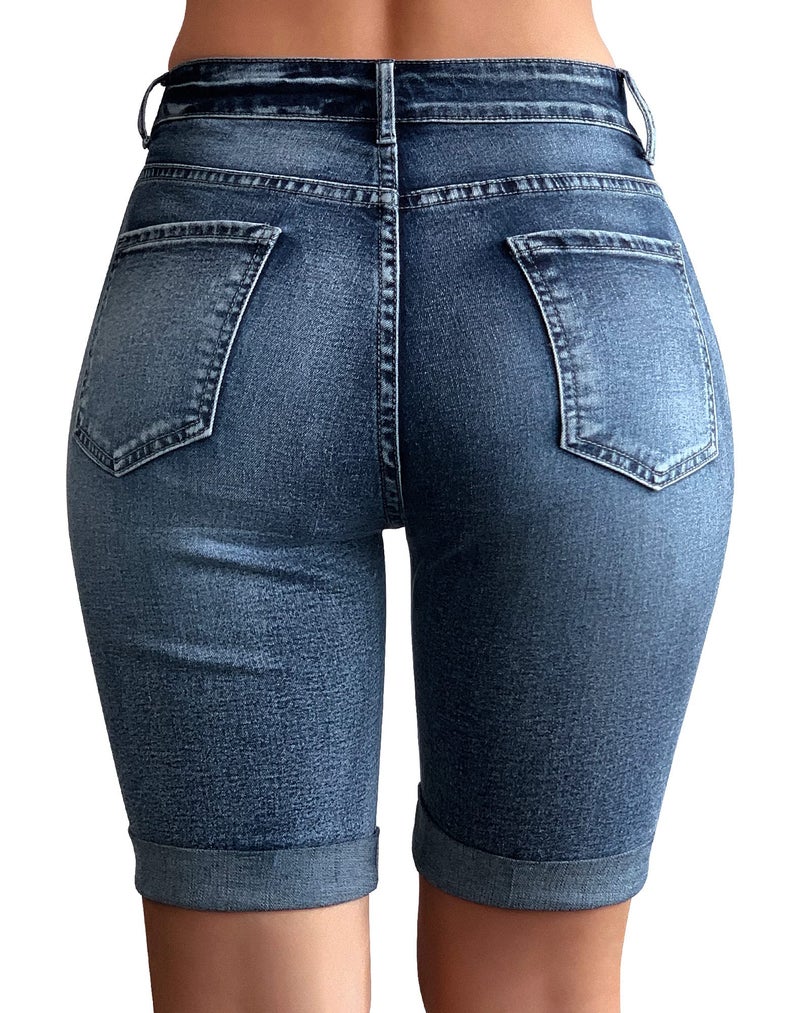 roswear Womens Mid Rise Roll Cuff Bermuda Stretch Denim Jean Shorts 104 Blue Large - Image 2
