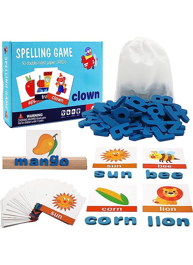 Conzy - Educational Toys Gifts for Kids 3 4 5-7 Year Old, Preschool Toy for Learning Spelling Activities, Montessori Toys for Toddlers Boys Girls (78 Wooden Letters, 50 Picture Word Cards) - Image 1