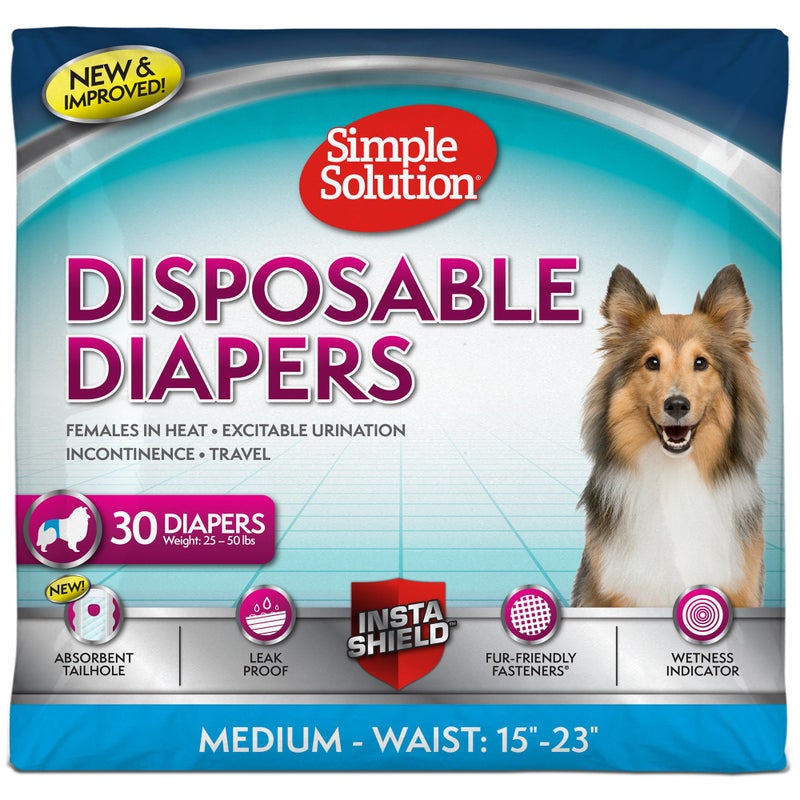 Simple Solution Disposable Dog Diapers for Female Dogs, True Fit, Absorbent, Leak Proof with Wetness Indicator, Puppy & Doggie Period Pad and Pee Diaper, For Medium Pets, 15-23 Inch Waist, 30 Count - Image 1