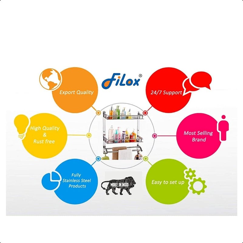 Filox Double Layer Stainless Steel Shelf with Towel Road - Multipurpose Bath Organizer for Kitchen and Bathroom - Chrome Finish Accessories - Image 4