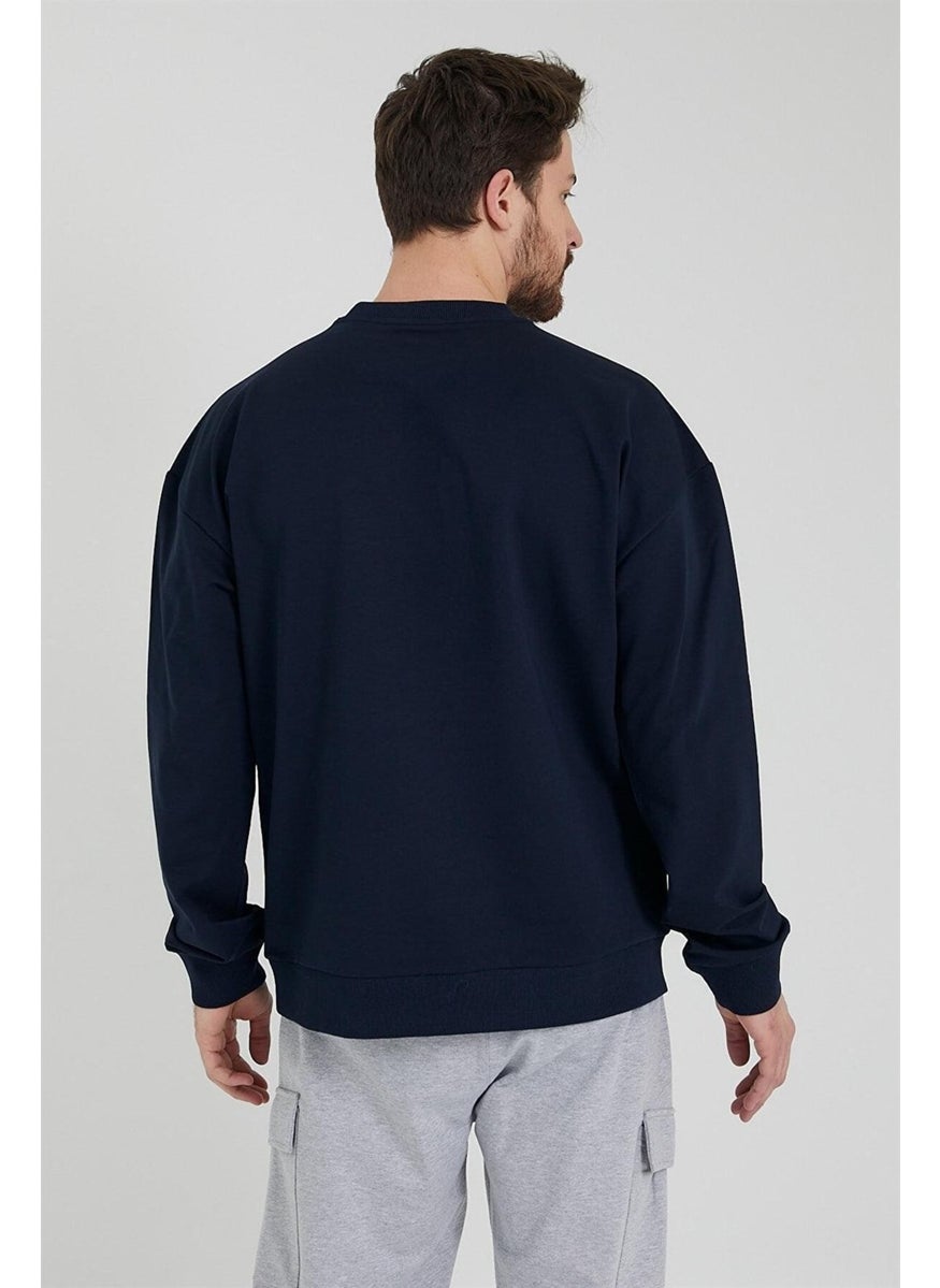 Odelon - Men's Crew Neck Oversize Sweatshirt Navy Blue - Image 1