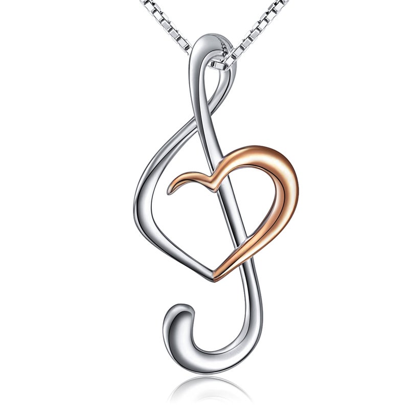 DAOCHONG 925 Sterling Silver Musical Note Treble Clef Rose Gold Plated Music Heart Pendant Necklace Jewelry for Women Graduation Christmas, Box Chain 18" (Rose Gold Plated) - Image 1