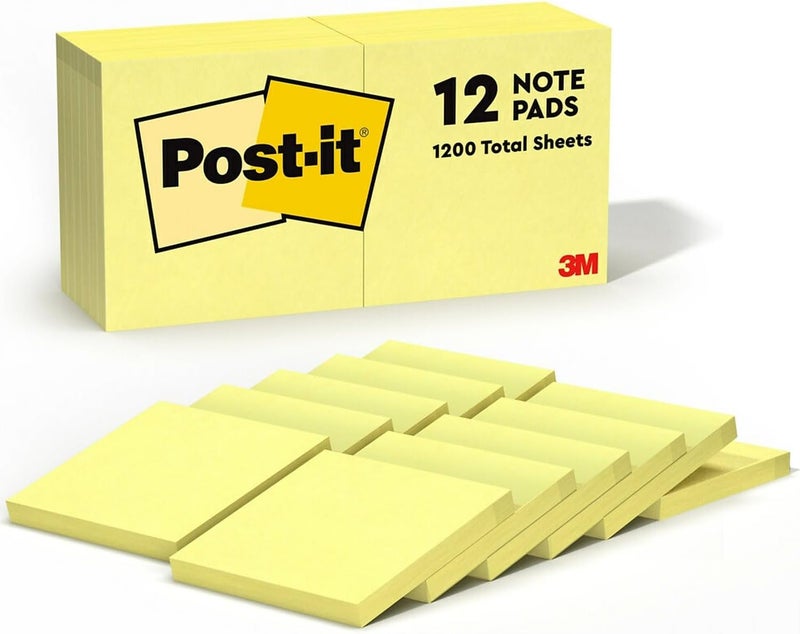 Post-it ملاحظات بوست-إت باللون الأصفر الكناري 654، 3 × 3 بوصة، 12 دفتر/عبوة، 1200 ورقة إجمالية - Image 1