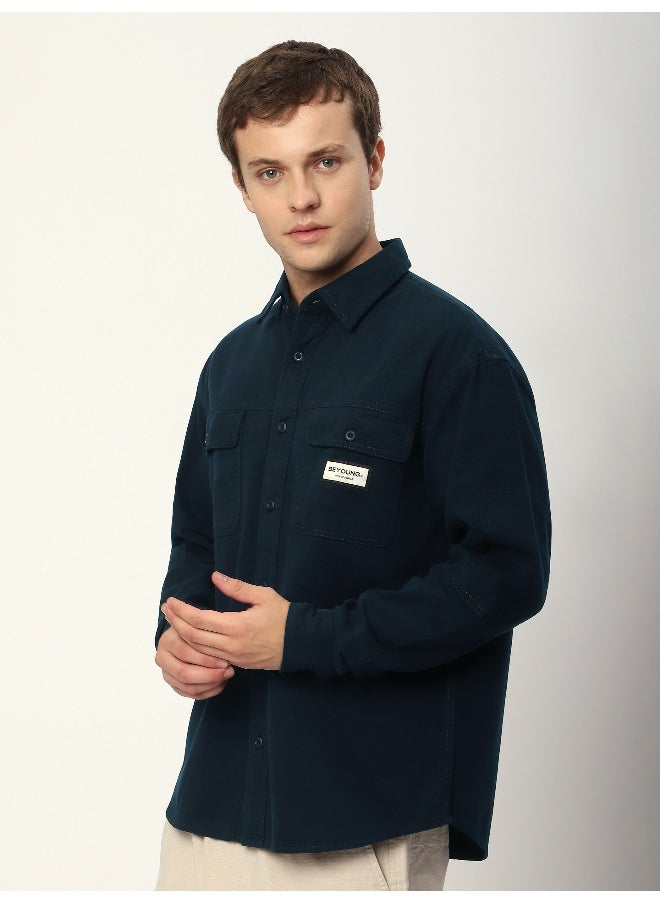Beyoung Navy Blue Double Yoke Overshirt  - Image 4