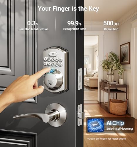 Veise Fingerprint Door Lock with 2 Lever Handles - Keyless Entry Door Lock, Electronic Keypad Deadbolt, Digital Smart Code & Front Handle Sets, Auto-Locking, Easy Installation, Satin Nickel - Image 2