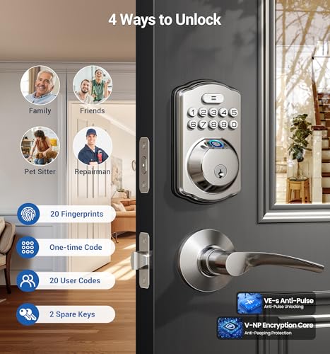 Veise Fingerprint Door Lock with 2 Lever Handles - Keyless Entry Door Lock, Electronic Keypad Deadbolt, Digital Smart Code & Front Handle Sets, Auto-Locking, Easy Installation, Satin Nickel - Image 3