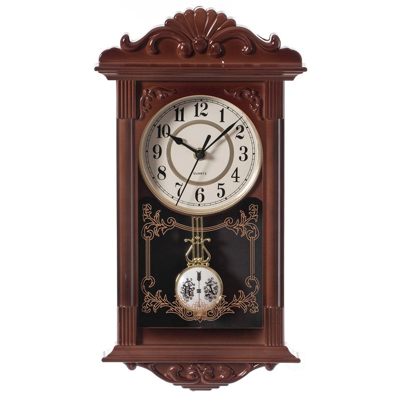 Clockswise Vintage Grandfather-Style Wall Clock with Wood-Effect Plastic Pendulum Battery-Operated for Home Decor Living Room Home Office Kitchen or Dining Room (Brown, 16 Inch) - Image 1