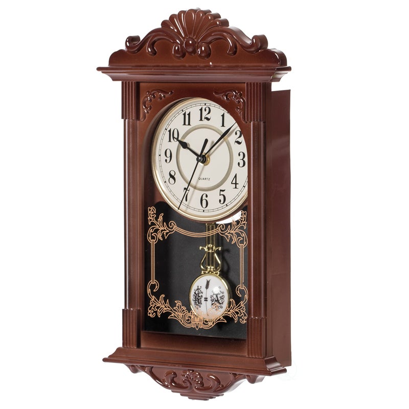 Clockswise Vintage Grandfather-Style Wall Clock with Wood-Effect Plastic Pendulum Battery-Operated for Home Decor Living Room Home Office Kitchen or Dining Room (Brown, 16 Inch) - Image 3