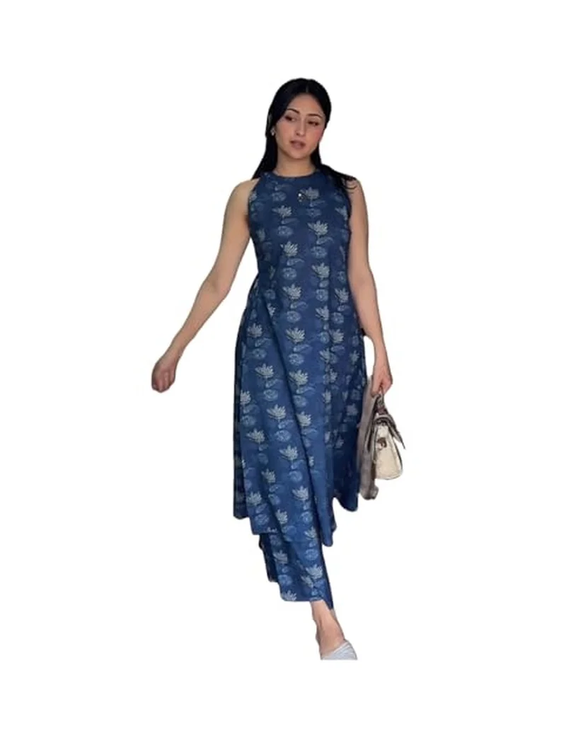 Gosriki GoSriKi Women's Rayon Viscose Printed A-Line Kurta with Pant