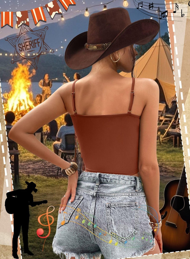 EVELUST Western Cowgirl Fringe Top for Women - Country Concert Outfits Festival Tassel Hem Boho Rodeo Dress Rave Tank Shirt(Brown,S,10742e) - Image 3