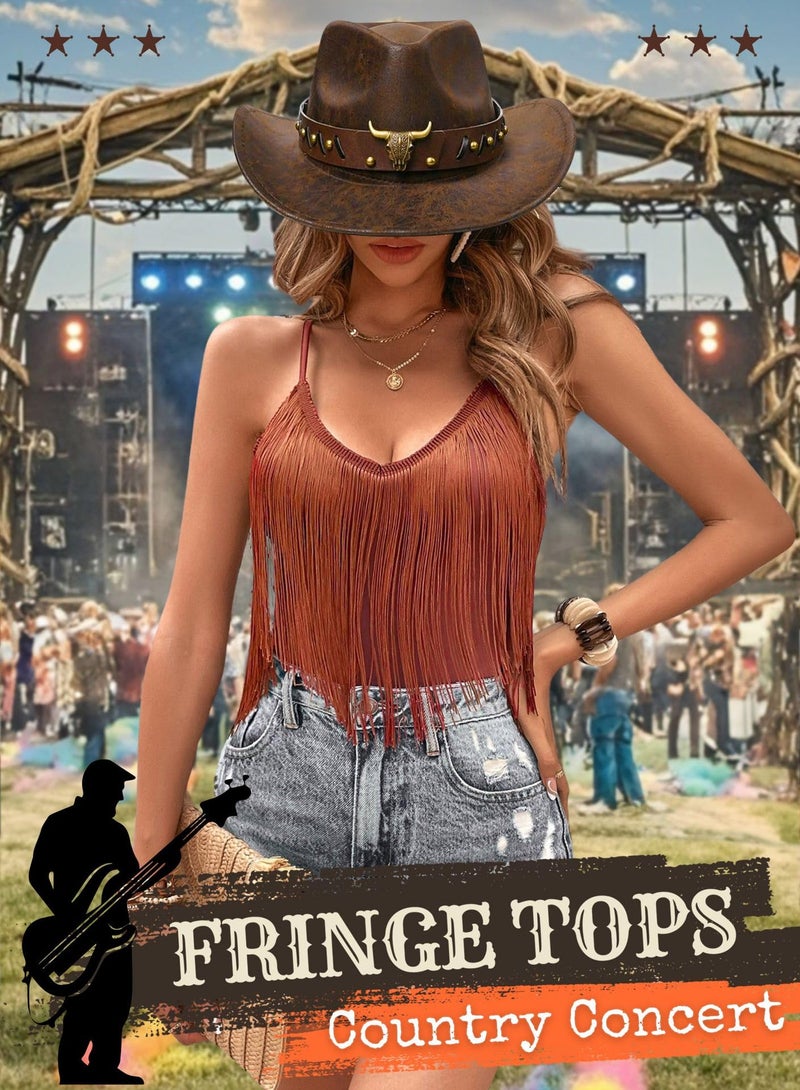 EVELUST Western Cowgirl Fringe Top for Women - Country Concert Outfits Festival Tassel Hem Boho Rodeo Dress Rave Tank Shirt(Brown,S,10742e) - Image 2