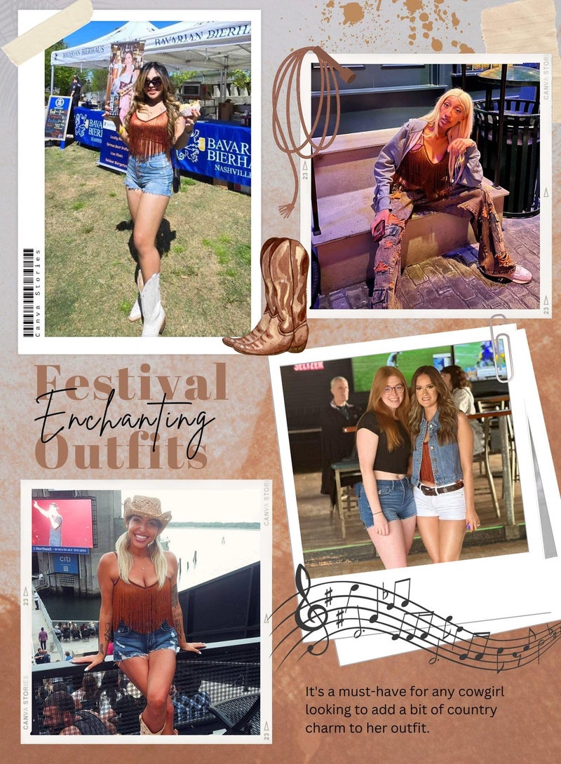 EVELUST Western Cowgirl Fringe Top for Women - Country Concert Outfits Festival Tassel Hem Boho Rodeo Dress Rave Tank Shirt(Brown,S,10742e) - Image 5