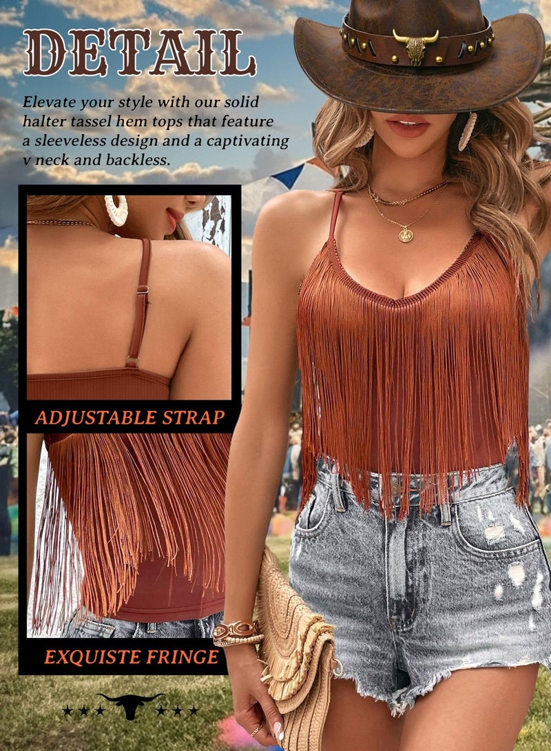 EVELUST Western Cowgirl Fringe Top for Women - Country Concert Outfits Festival Tassel Hem Boho Rodeo Dress Rave Tank Shirt(Brown,S,10742e) - Image 4