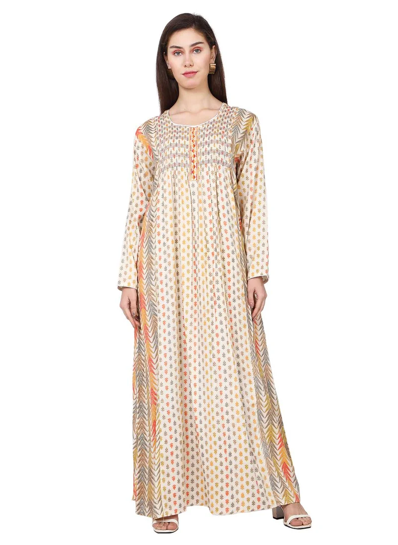 هانا آند سارا CASUAL UNIQUE PRINTED DESIGN WITH FRONT EMBROIDERY SMOCKING ARABIC KAFTAN JALABIYA DRESS