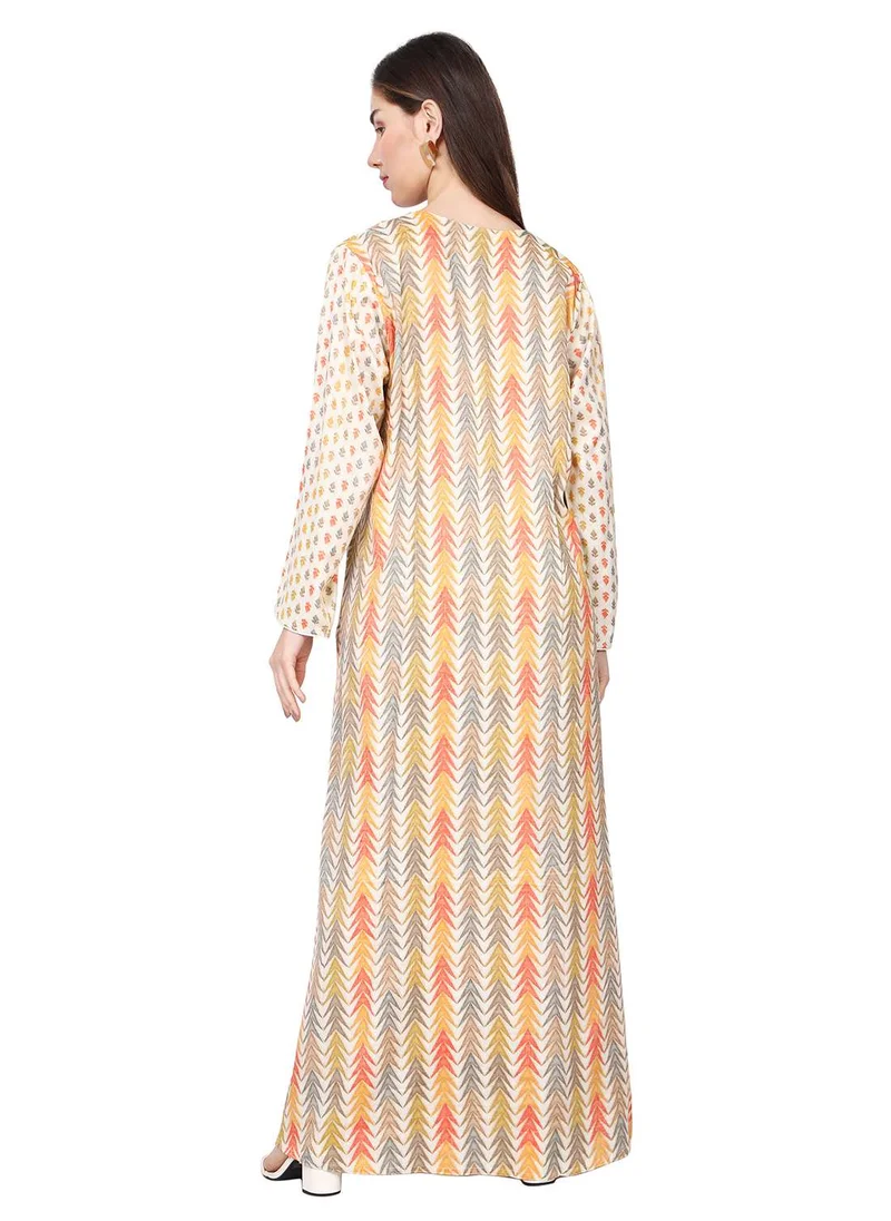 هانا آند سارا CASUAL UNIQUE PRINTED DESIGN WITH FRONT EMBROIDERY SMOCKING ARABIC KAFTAN JALABIYA DRESS