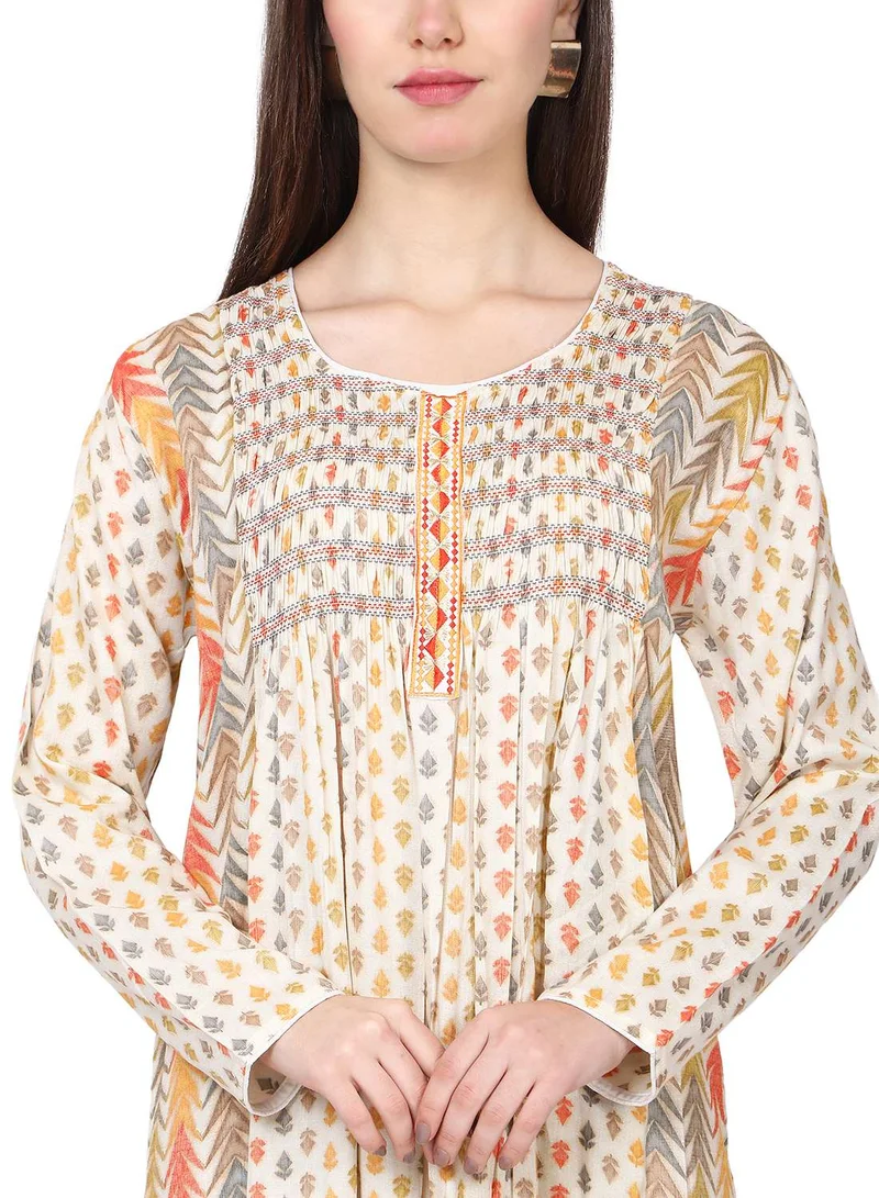 HANA & SARA CASUAL UNIQUE PRINTED DESIGN WITH FRONT EMBROIDERY SMOCKING ARABIC KAFTAN JALABIYA DRESS