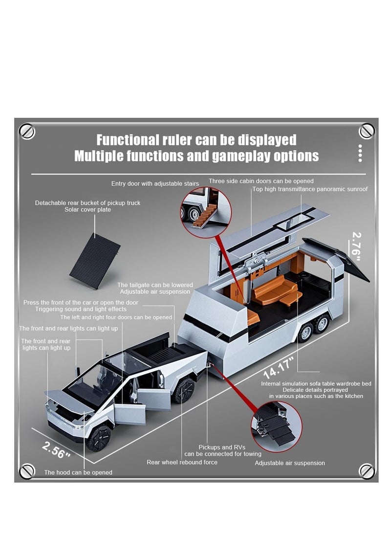 1/32 Scale Off-Road Pickup Trailer RV Model Kit, Diecast Metal Toy with Simulation Sound and Light, Perfect for Kids' Birthdays and Home Office Décor (Includes Silver RV). - Image 2