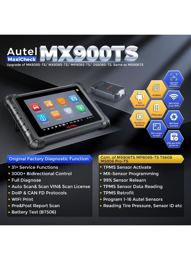 Autel MaxiCheck MX900TS, 2025 8in MX900-TS US Ver of MK900TS MK808S-TS Up of MS906TS MK900 MX900 with Bidirectional Test & TPMS Programming Relearn Retrofit, CAN FD & DOIP, 40+ Service, OS 11, FCA
