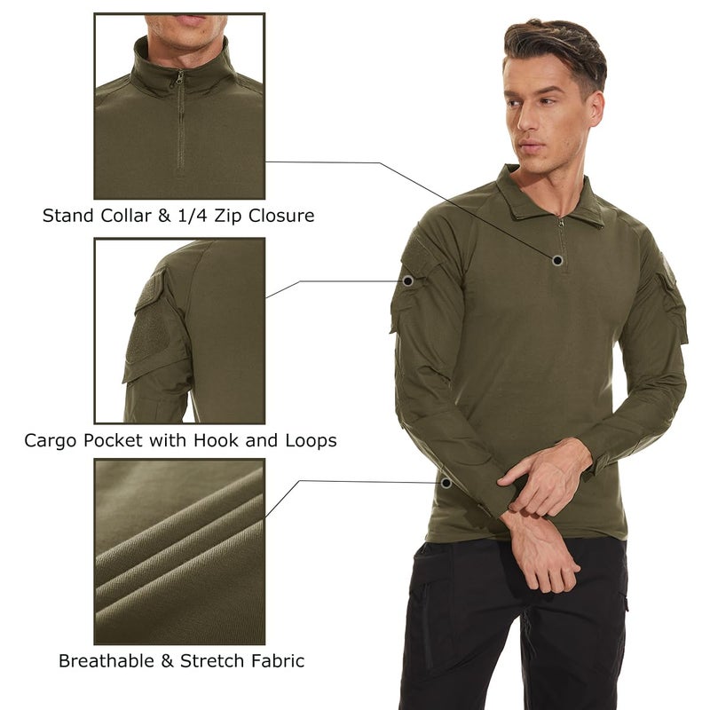 TACVASEN Tactical Shirt for Men 1/4 Zip Combat Shirt Long Sleeve with Pockets Army Pullover Military Lightweight Hiking Shooting Training Green M - Image 5