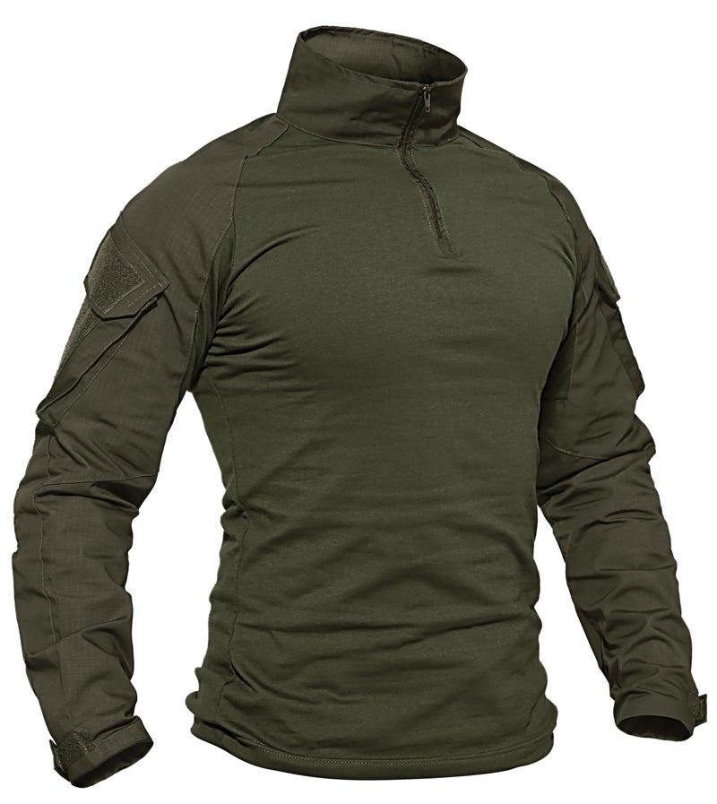 TACVASEN Tactical Shirt for Men 1/4 Zip Combat Shirt Long Sleeve with Pockets Army Pullover Military Lightweight Hiking Shooting Training Green M - Image 1