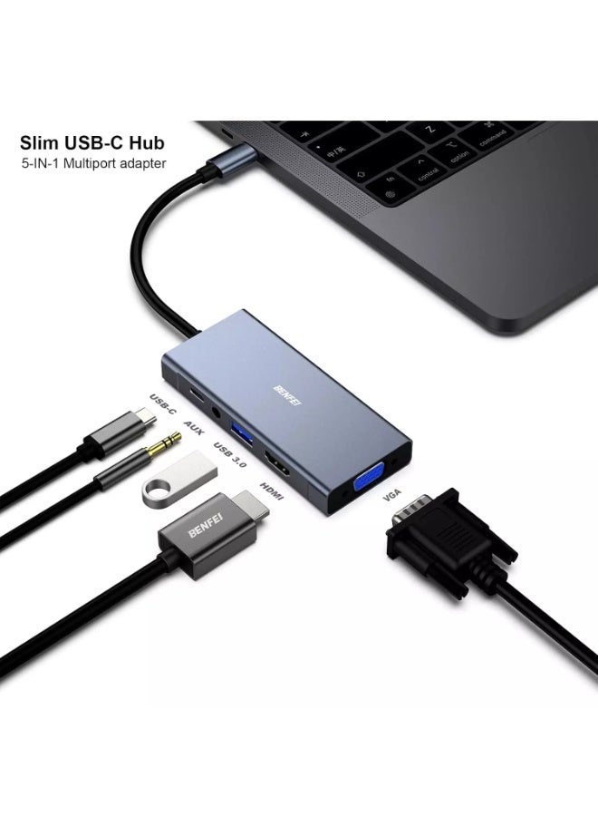 Benfei 5-in-1 USB C HUB with 4K HDMI VGA, USB 3.0, 3.5mm Audio and 60W PD, Compatible with MacBook Pro 2021/2020/2019, Surface Book 2, Dell XPS 13/15, Pixelbook and More - Image 3