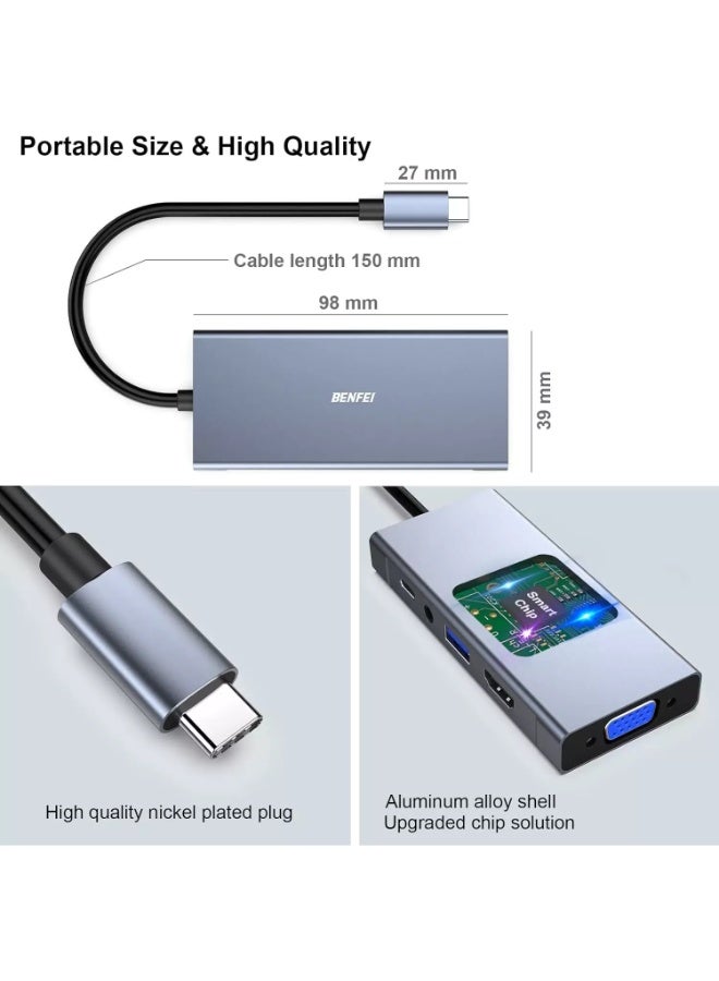 Benfei 5-in-1 USB C HUB with 4K HDMI VGA, USB 3.0, 3.5mm Audio and 60W PD, Compatible with MacBook Pro 2021/2020/2019, Surface Book 2, Dell XPS 13/15, Pixelbook and More - Image 2