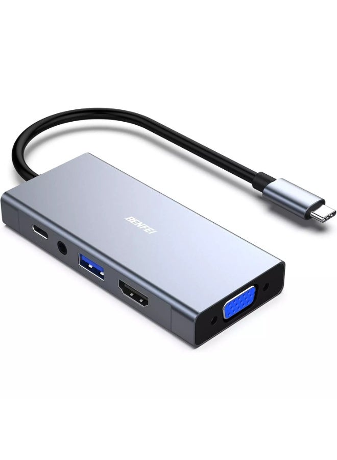 Benfei 5-in-1 USB C HUB with 4K HDMI VGA, USB 3.0, 3.5mm Audio and 60W PD, Compatible with MacBook Pro 2021/2020/2019, Surface Book 2, Dell XPS 13/15, Pixelbook and More - Image 1