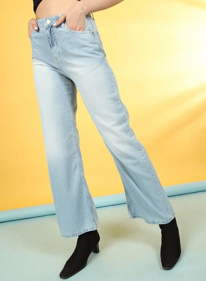 مرفوعة جينز نسائي واسع الساق أزرق بخصر مرتفع بتصميم باهت من فري هاند - Image 3