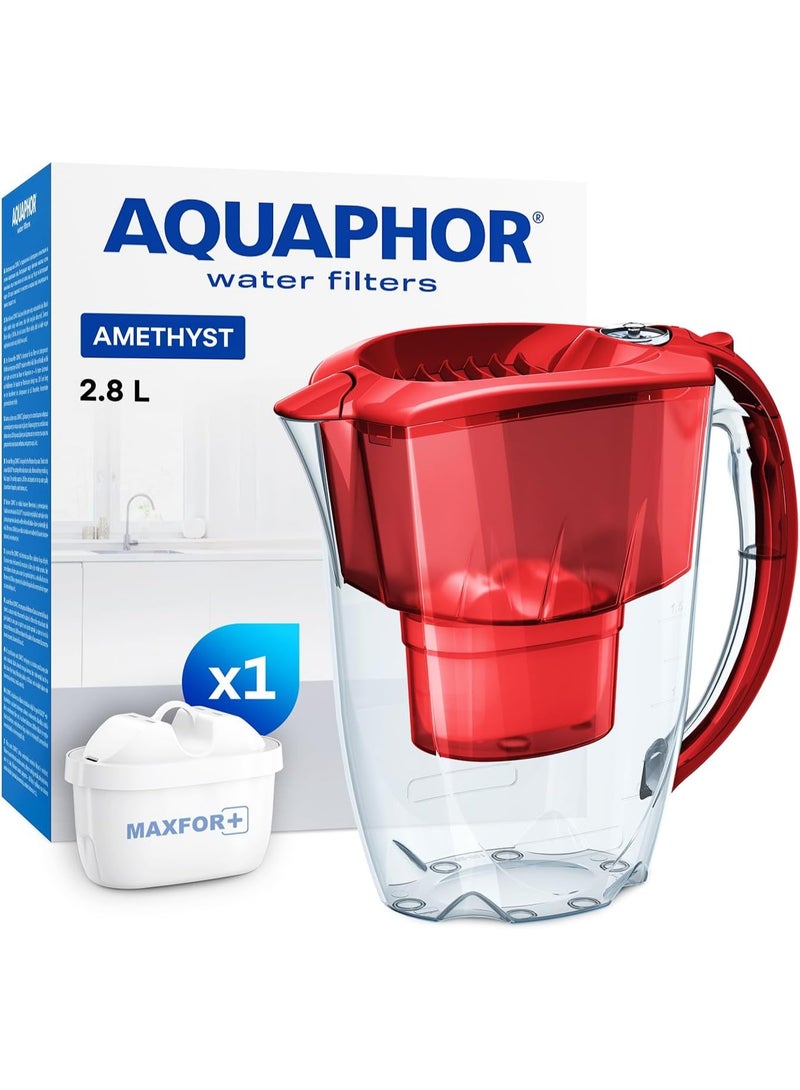 Aquaphor Amethyst MF+ Water Filter Jug 2.8L, Compact Design with Slider Lid, 200L Long-Lasting Capacity, Removes Chlorine, Rust, Heavy Metals & Impurities, BPA-Free Drinking Water Pitcher with Maxfor+ Cartridge (Red) - Image 1
