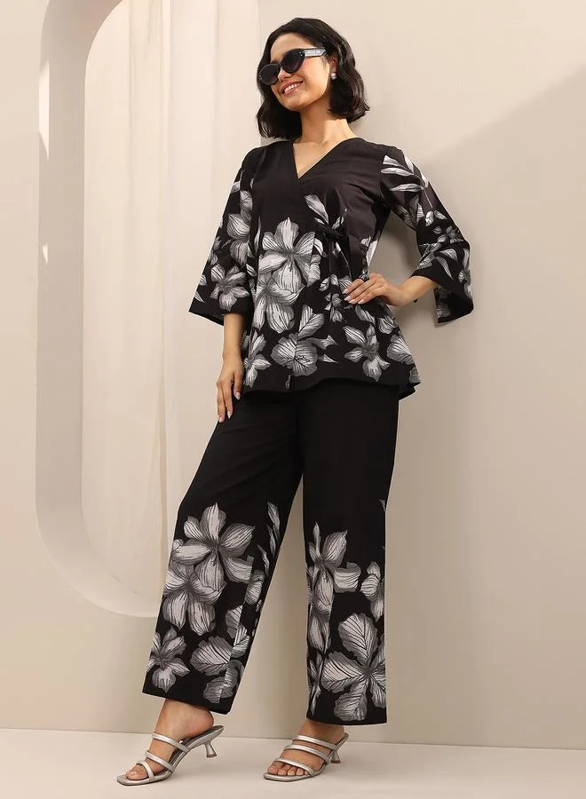 Libas Black Printed Cotton Top and Pants Co-Ords