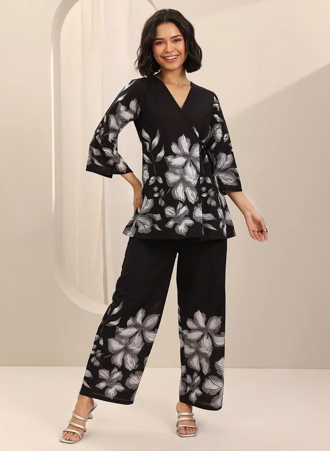 Libas Black Printed Cotton Top and Pants Co-Ords