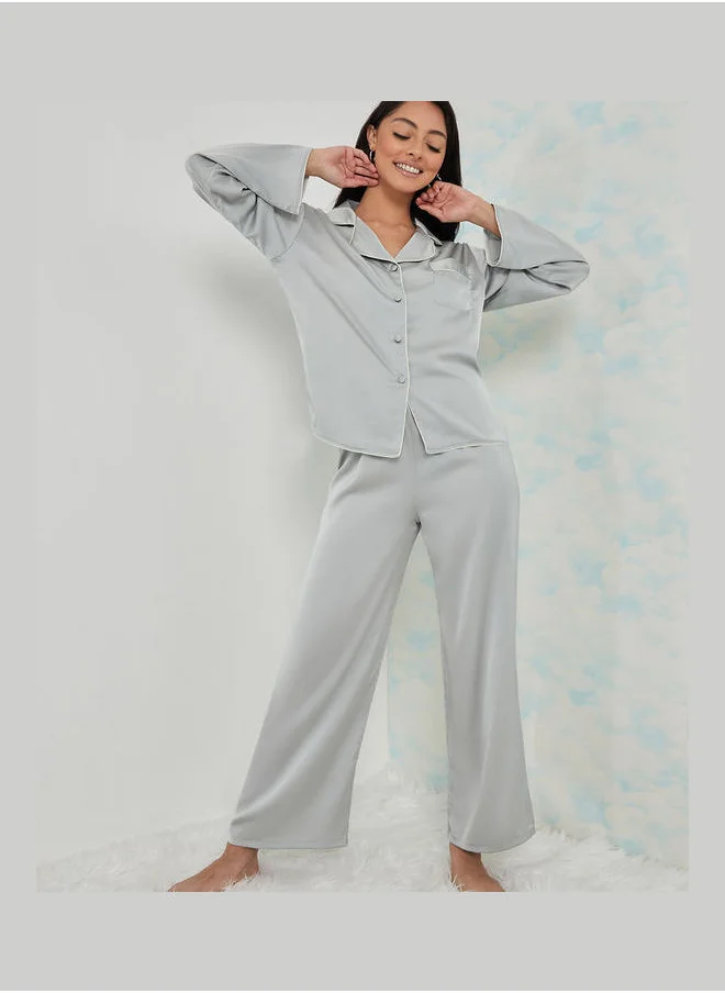 Styli Long Sleeves Solid Contrast Piped Shirt and Pyjama Set