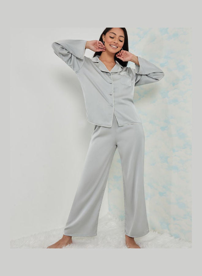Styli Long Sleeves Solid Contrast Piped Shirt and Pyjama Set - Image 2