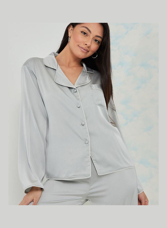Styli Long Sleeves Solid Contrast Piped Shirt and Pyjama Set - Image 3