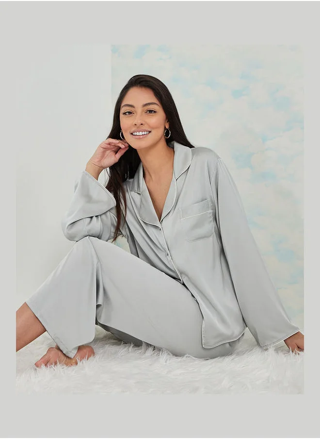 Styli Long Sleeves Solid Contrast Piped Shirt and Pyjama Set