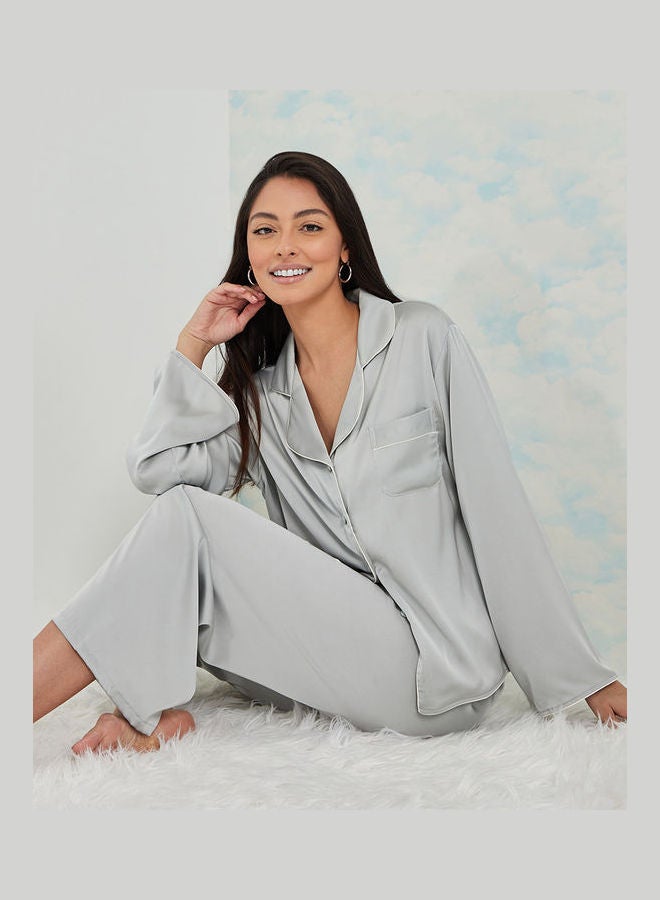 Styli Long Sleeves Solid Contrast Piped Shirt and Pyjama Set - Image 1