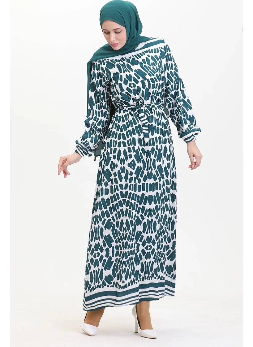 Sefa Merve Patterned Belted Viscose Dress 0473-01 Emerald Green