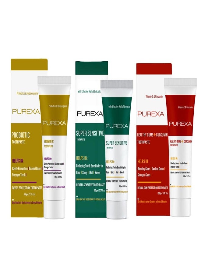 PUREXA مجموعة معاجين أسنان بيوريكسا الثلاثية: بروبيوتيك للحماية من التسوس 100 غرام، معجون أسنان عشبي للأسنان الحساسة لتخفيف الحساسية وإصلاحها 100 غرام، معجون أسنان للثة الصحية لحماية اللثة 100 غرام - Image 1