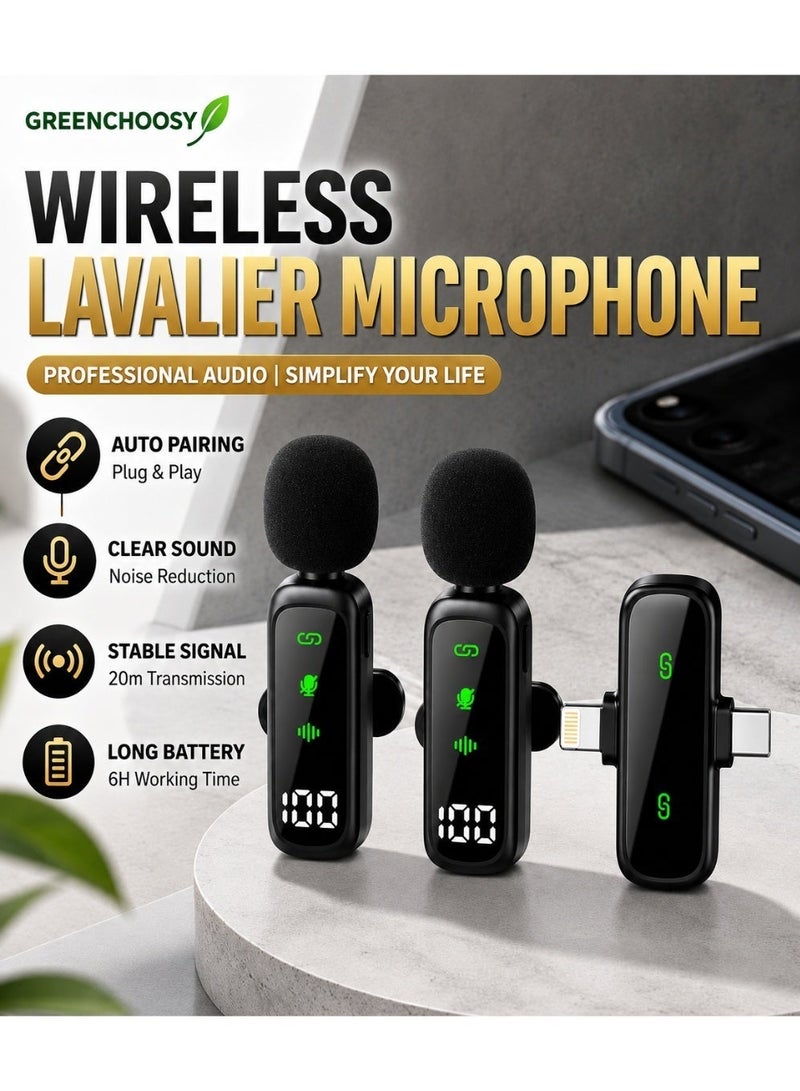 GREENCHOOSY Wireless Microphone, 2-Person Lapel Mic System with Dual Interfaces, Noise-Canceling & Recording Function for Live Streaming, Video Shooting, Interviews, Vlogs - Image 1