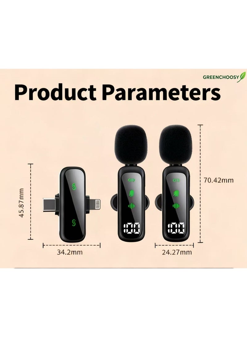 GREENCHOOSY Wireless Microphone, 2-Person Lapel Mic System with Dual Interfaces, Noise-Canceling & Recording Function for Live Streaming, Video Shooting, Interviews, Vlogs - Image 4