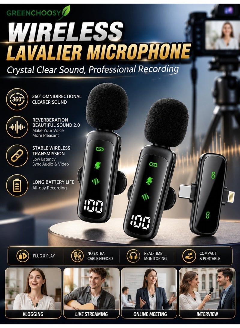 GREENCHOOSY Wireless Microphone, 2-Person Lapel Mic System with Dual Interfaces, Noise-Canceling & Recording Function for Live Streaming, Video Shooting, Interviews, Vlogs - Image 2
