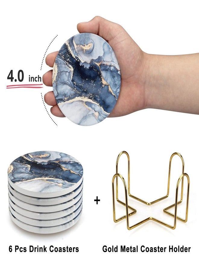 Dksyee Coasters Set of 6, Navy Blue Marble Abstract Round Ceramic Coasters with Holder, Best Absorbent Drink Coaster Set, Coffee Table Decor for Home Decor House Warming Gifts New Home - Image 3